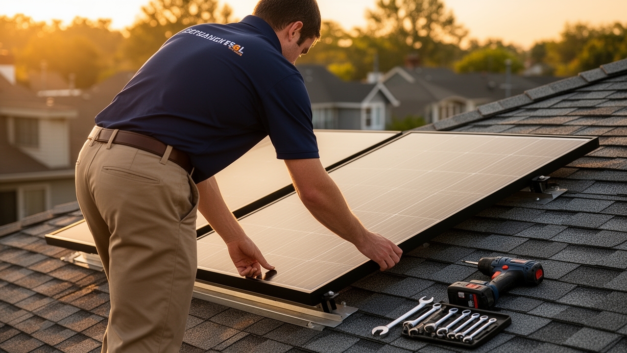 A Sunward crew member securing a panel at golden hour